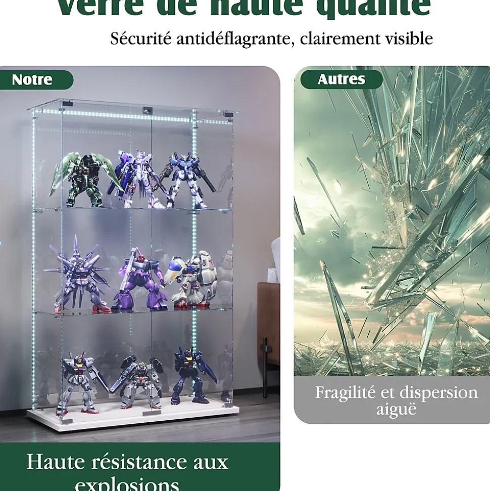 Vitrine sur Pied en Verre, Collection, 3 Couches, 2 Portes, LED, 78.5x36x123 cm, Salon, Chambre, Bureau, Blanc