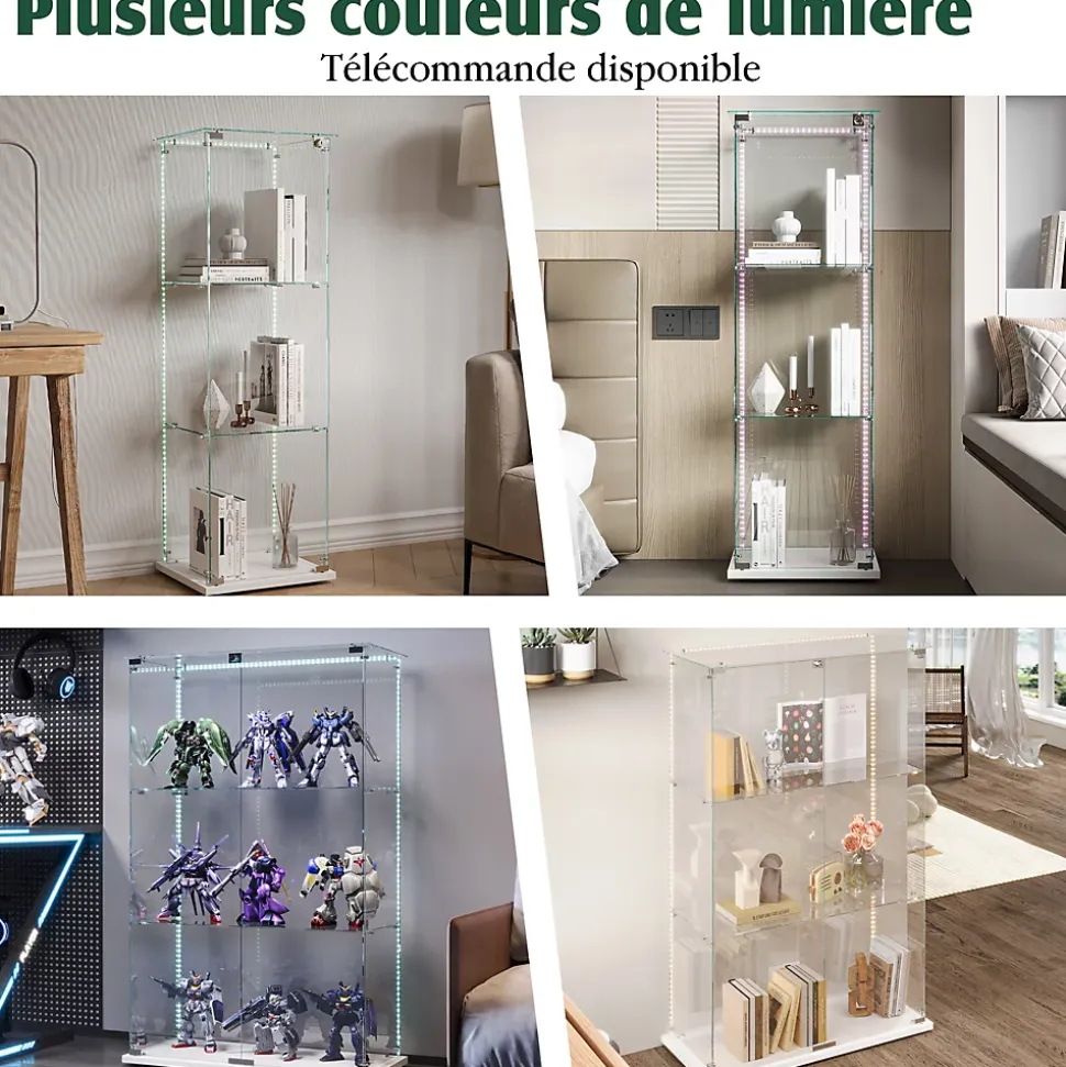 Vitrine sur Pied en Verre, Collection, 3 Couches, 2 Portes, LED, 78.5x36x123 cm, Salon, Chambre, Bureau, Blanc