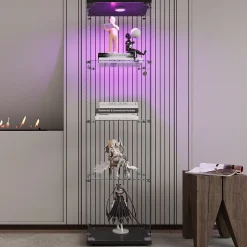 Vitrine sur pied en verre, LED, 4 couches, 1 porte, 42x36x164cm, pour salon, chambre à coucher, bureau, Noir
