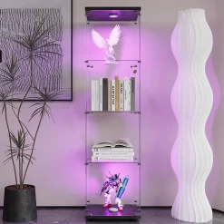 Vitrine sur pied en verre, LED, 4 couches, 1 porte, 42x36x164cm, pour salon, chambre à coucher, bureau, Noir