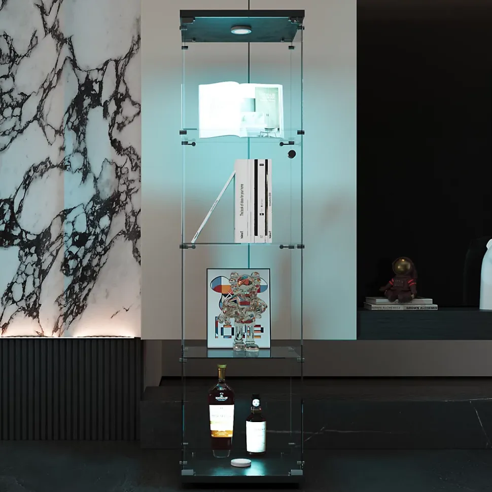 Vitrine sur pied en verre, LED, 4 couches, 1 porte, 42x36x164cm, pour salon, chambre à coucher, bureau, Noir