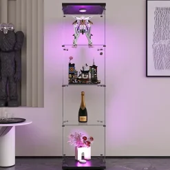 Vitrine sur pied en verre, LED, 4 couches, 1 porte, 42x36x164cm, pour salon, chambre à coucher, bureau, Noir