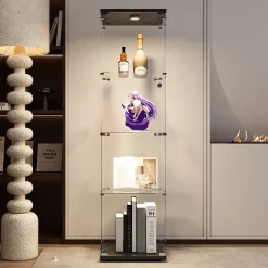 Vitrine sur pied en verre, LED, 4 couches, 1 porte, 42x36x164cm, pour salon, chambre à coucher, bureau, Noir