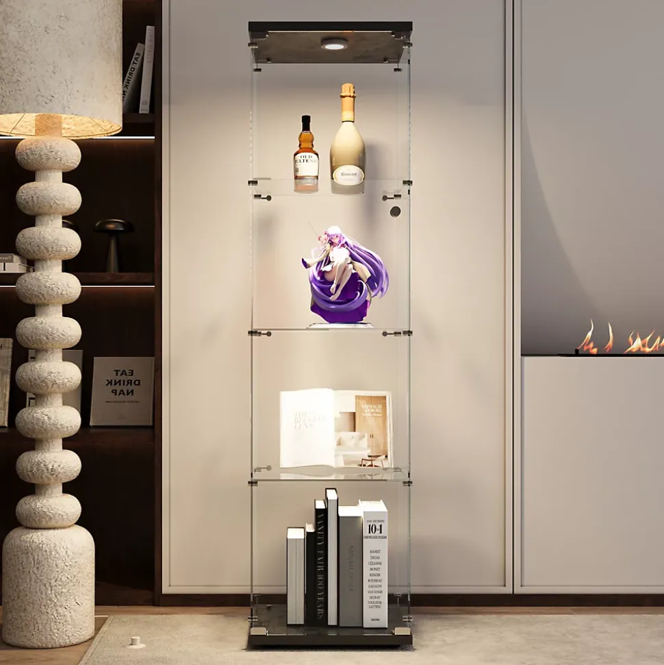 Vitrine sur pied en verre, LED, 4 couches, 1 porte, 42x36x164cm, pour salon, chambre à coucher, bureau, Noir