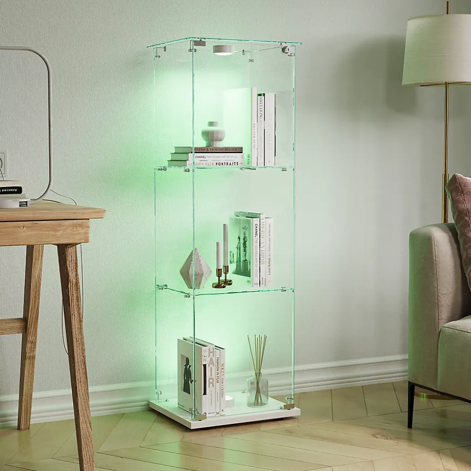 Vitrine sur Pied en Verre, Collection, 3 Couches, 1 Porte, Lampe Tactile, 39.8x35x123 cm, Salon, Chambre, Bureau, Blanc