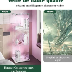 Vitrine sur Pied en Verre, Collection, 3 Couches, 1 Porte, Lampe Tactile, 39.8x35x123 cm, Salon, Chambre, Bureau, Blanc