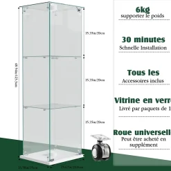 Vitrine sur Pied en Verre, Collection, 3 Couches, 1 Porte, Lampe Tactile, 39.8x35x123 cm, Salon, Chambre, Bureau, Blanc