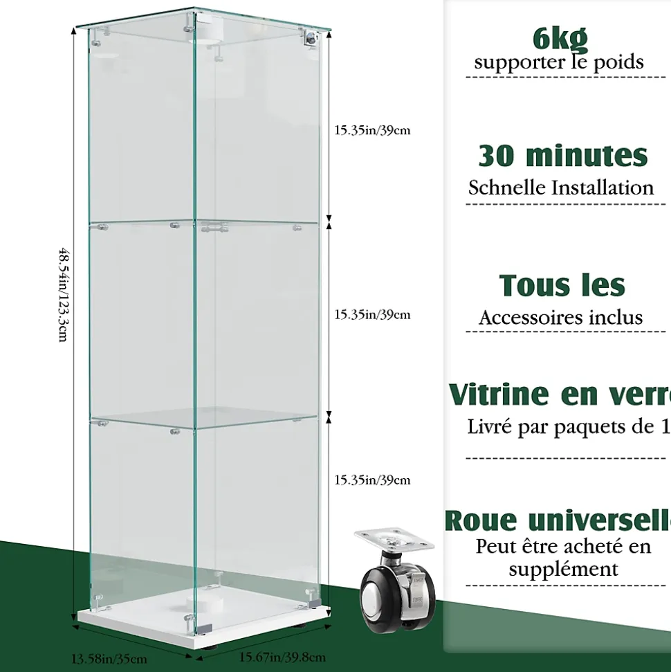 Vitrine sur Pied en Verre, Collection, 3 Couches, 1 Porte, Lampe Tactile, 39.8x35x123 cm, Salon, Chambre, Bureau, Blanc