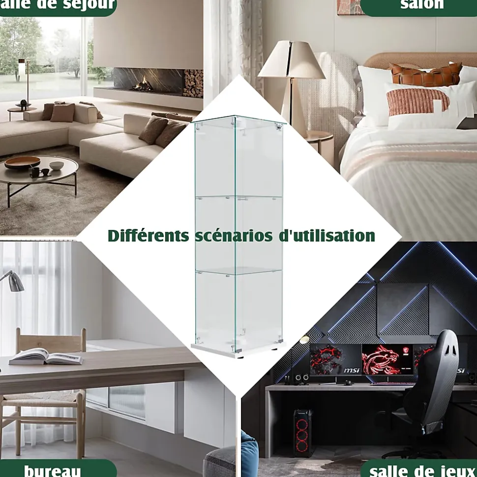 Vitrine sur Pied en Verre, Collection, 3 Couches, 1 Porte, Lampe Tactile, 39.8x35x123 cm, Salon, Chambre, Bureau, Blanc