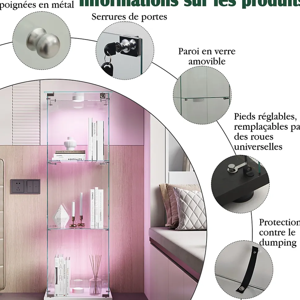 Vitrine sur Pied en Verre, Collection, 3 Couches, 1 Porte, Lampe Tactile, 39.8x35x123 cm, Salon, Chambre, Bureau, Blanc
