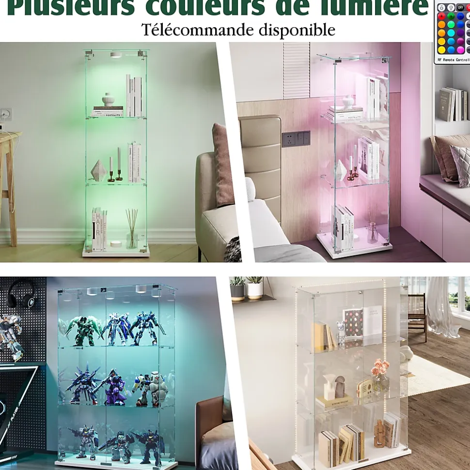 Vitrine sur Pied en Verre, Collection, 3 Couches, 1 Porte, Lampe Tactile, 39.8x35x123 cm, Salon, Chambre, Bureau, Blanc