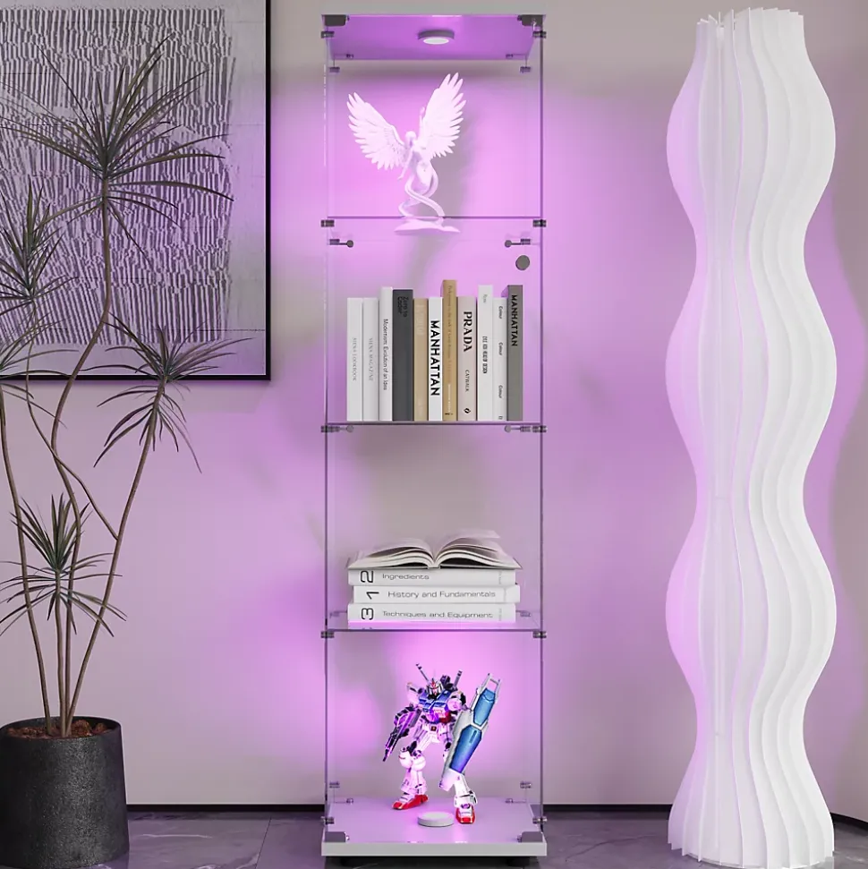Vitrine sur pied en verre, LED, 4 couches, 1 porte, 42x36x164cm, pour salon, chambre à coucher, bureau, Blanc