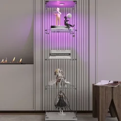 Vitrine sur pied en verre, LED, 4 couches, 1 porte, 42x36x164cm, pour salon, chambre à coucher, bureau, Blanc