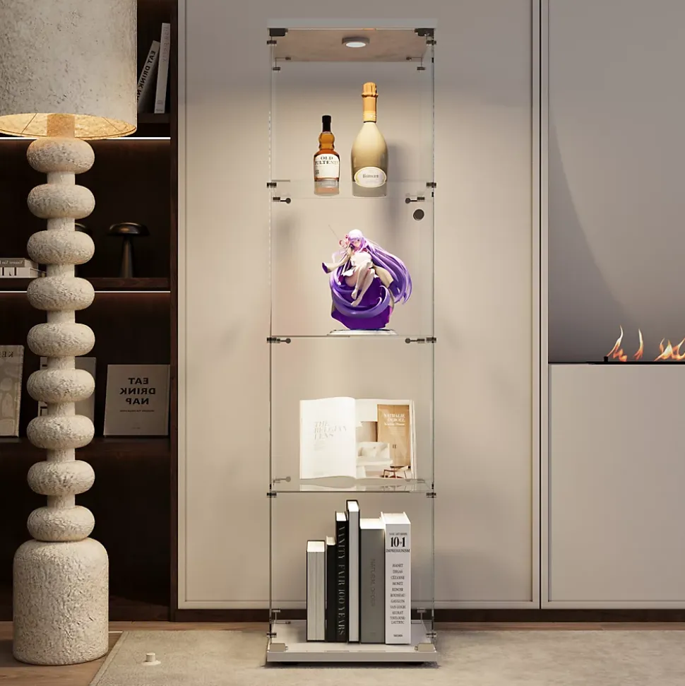 Vitrine sur pied en verre, LED, 4 couches, 1 porte, 42x36x164cm, pour salon, chambre à coucher, bureau, Blanc