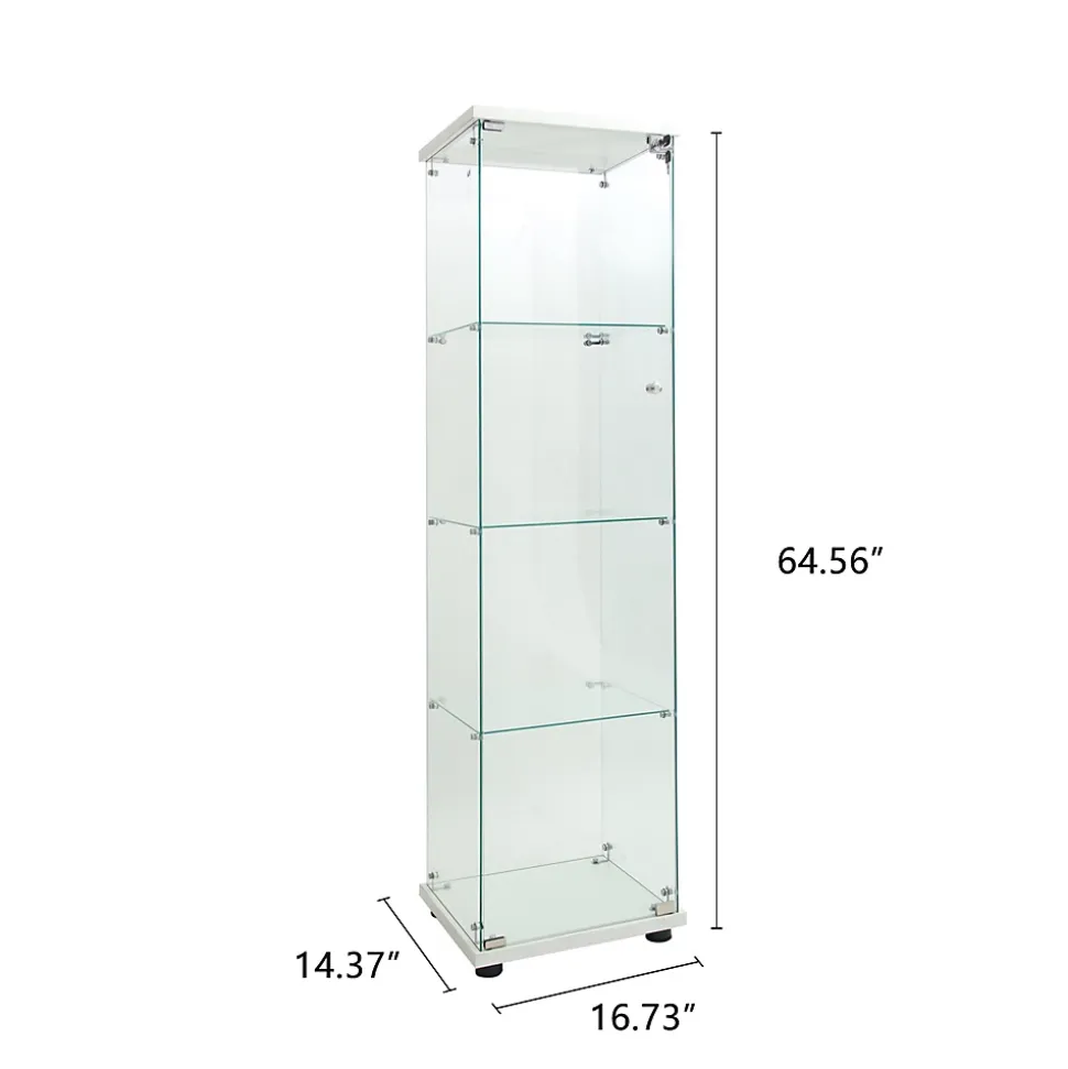 Vitrine sur pied en verre, LED, 4 couches, 1 porte, 42x36x164cm, pour salon, chambre à coucher, bureau, Blanc