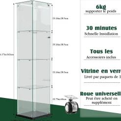 Vitrine sur Pied en Verre, Collection, 4 Couches, 1 Porte, LED, 39.8x35x163 cm, Salon, Chambre, Bureau, Noir