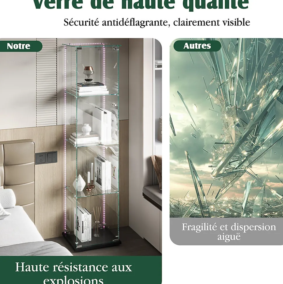 Vitrine sur Pied en Verre, Collection, 4 Couches, 1 Porte, LED, 39.8x35x163 cm, Salon, Chambre, Bureau, Noir