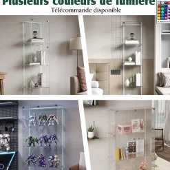 Vitrine sur Pied en Verre, Collection, 4 Couches, 1 Porte, LED, 39.8x35x163 cm, Salon, Chambre, Bureau, Noir