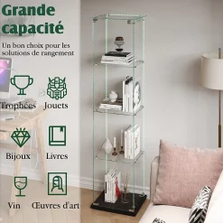 Vitrine sur Pied en Verre, Collection, 4 Couches, 1 Porte, LED, 39.8x35x163 cm, Salon, Chambre, Bureau, Noir