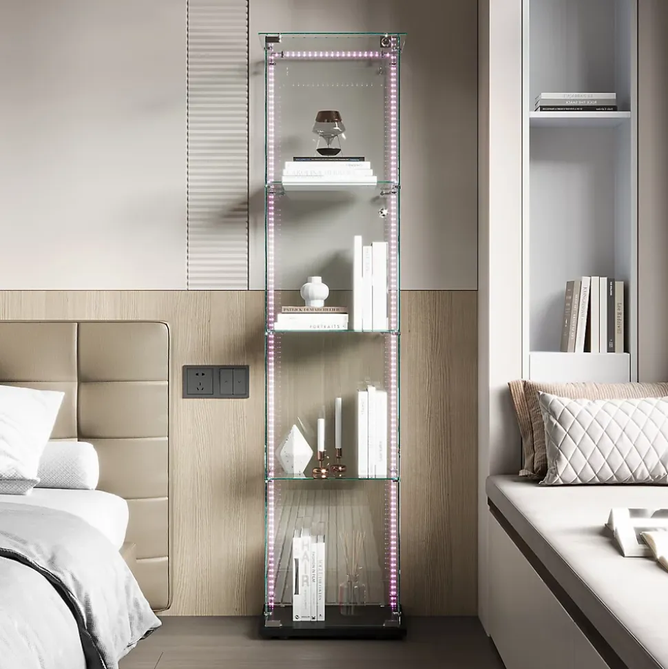 Vitrine sur Pied en Verre, Collection, 4 Couches, 1 Porte, LED, 39.8x35x163 cm, Salon, Chambre, Bureau, Noir