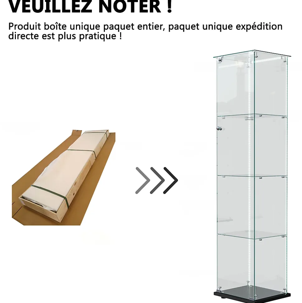 Vitrine sur Pied en Verre, Collection, 4 Couches, 1 Porte, LED, 39.8x35x163 cm, Salon, Chambre, Bureau, Noir
