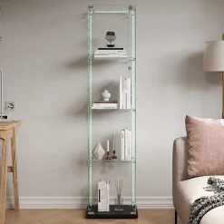 Vitrine sur Pied en Verre, Collection, 4 Couches, 1 Porte, LED, 39.8x35x163 cm, Salon, Chambre, Bureau, Noir