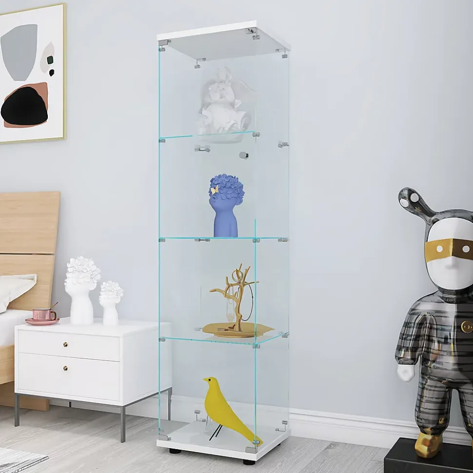 Vitrine sur pied en verre, 4 couches, 1 porte, 42x36x164cm, pour salon, chambre à coucher, bureau, Blanc
