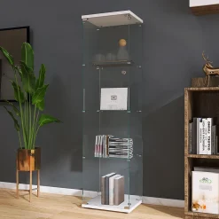 Vitrine sur pied en verre, 4 couches, 1 porte, 42x36x164cm, pour salon, chambre à coucher, bureau, Blanc