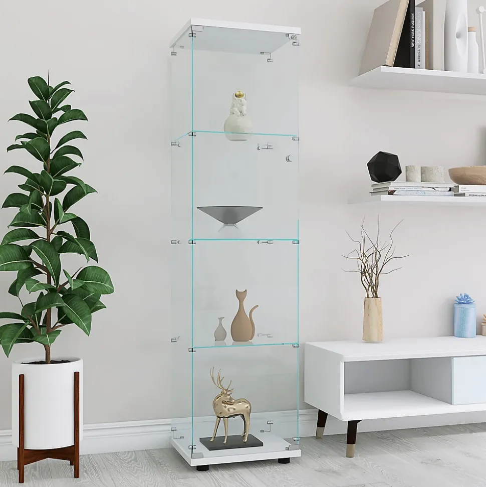 Vitrine sur pied en verre, 4 couches, 1 porte, 42x36x164cm, pour salon, chambre à coucher, bureau, Blanc