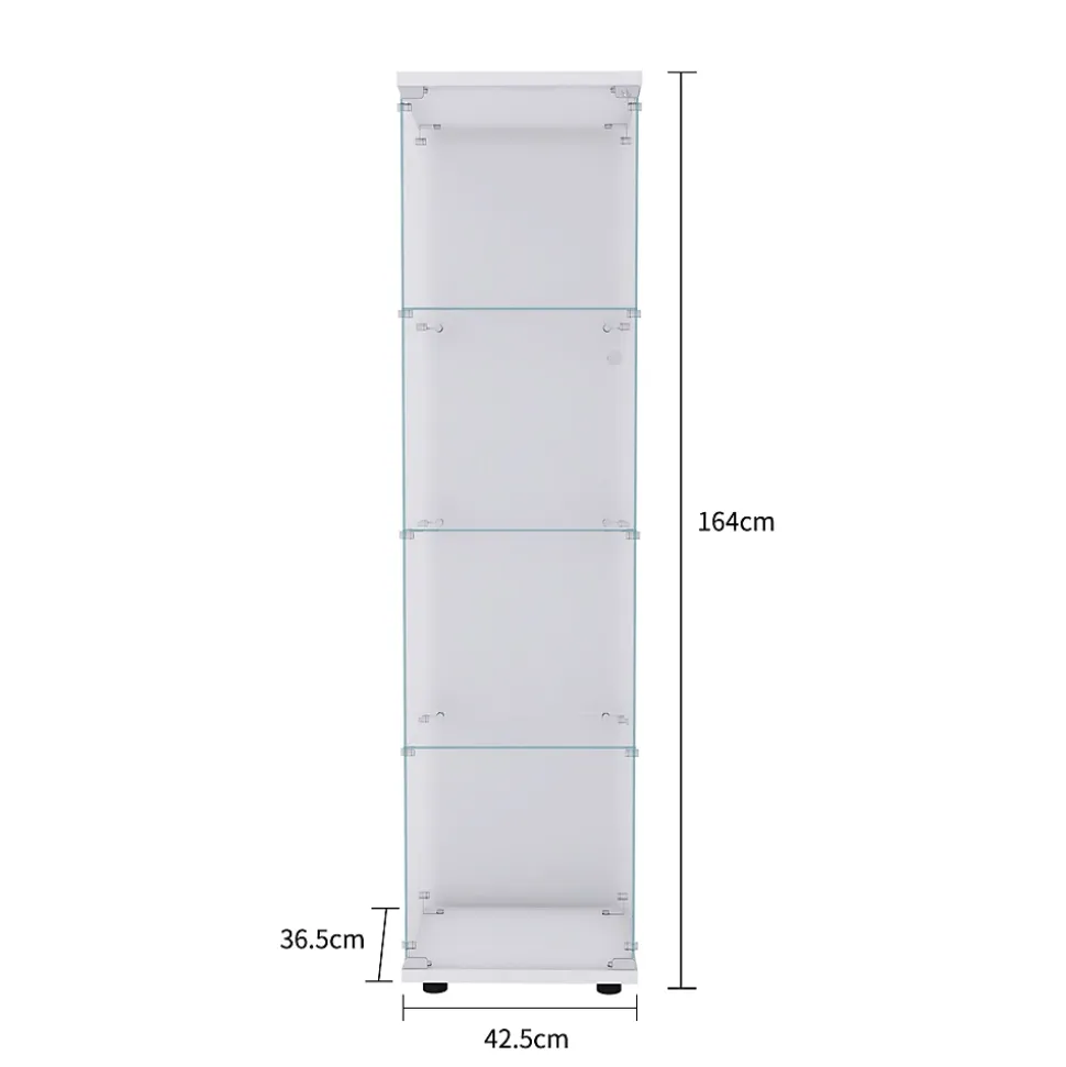 Vitrine sur pied en verre, 4 couches, 1 porte, 42x36x164cm, pour salon, chambre à coucher, bureau, Blanc