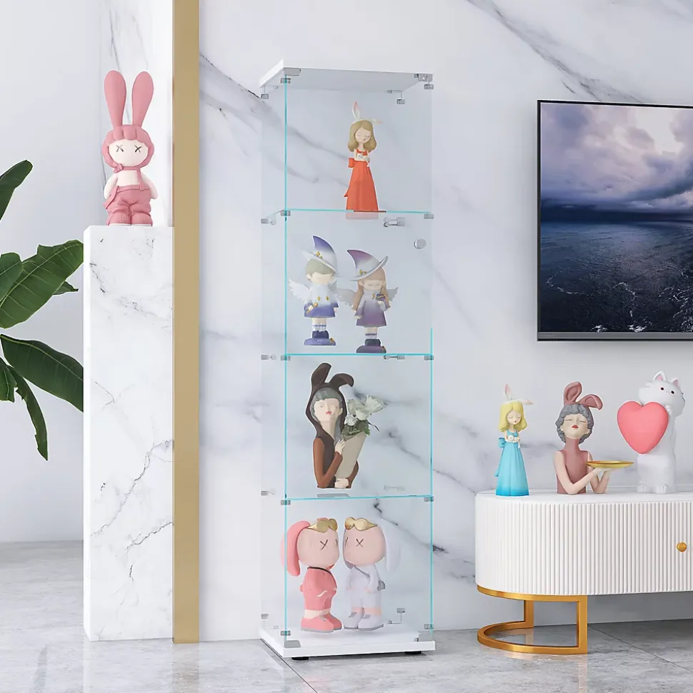 Vitrine sur pied en verre, 4 couches, 1 porte, 42x36x164cm, pour salon, chambre à coucher, bureau, Blanc