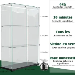 Vitrine sur Pied en Verre, Collection, 3 Couches, 2 Portes, LED, 78.5x36x123 cm, Salon, Chambre, Bureau, Noir