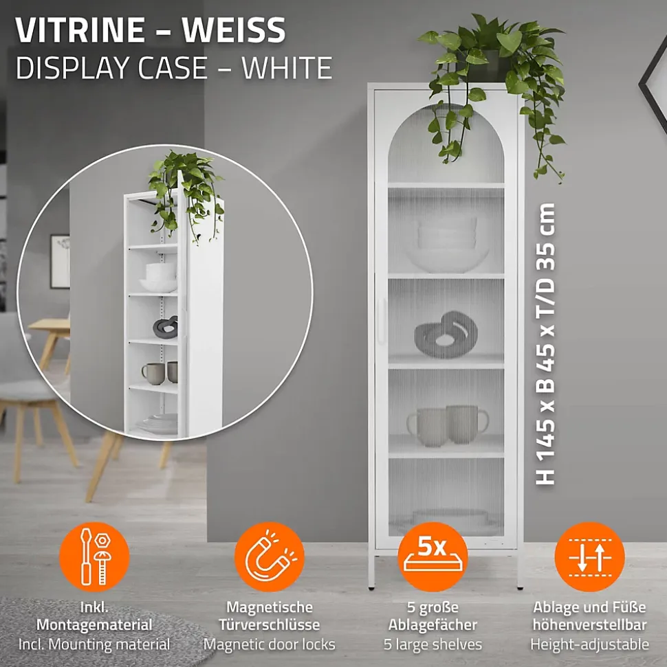Vitrine étroite ML-Design blanche 45x145x35 cm en acier avec porte unique et compartiments réglables