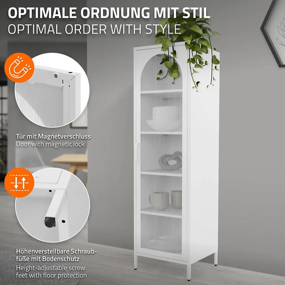 Vitrine étroite ML-Design blanche 45x145x35 cm en acier avec porte unique et compartiments réglables