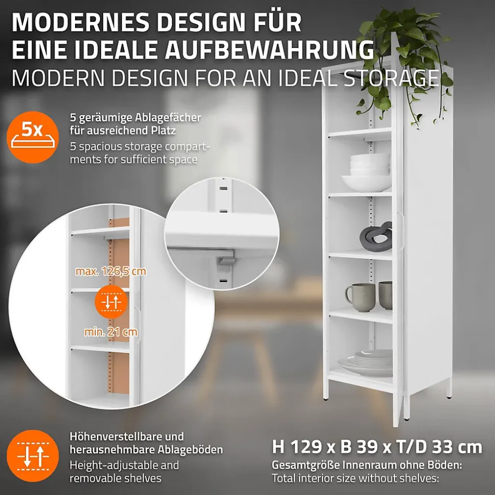 Vitrine étroite ML-Design blanche 45x145x35 cm en acier avec porte unique et compartiments réglables