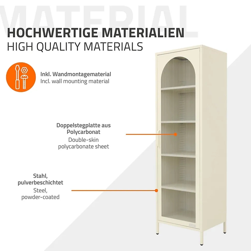 Vitrine étroite ML-Design crème 45x145x35 cm en acier avec porte unique et compartiments réglables