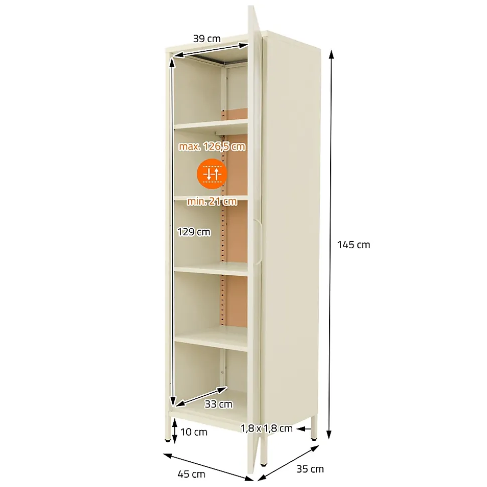 Vitrine étroite ML-Design crème 45x145x35 cm en acier avec porte unique et compartiments réglables