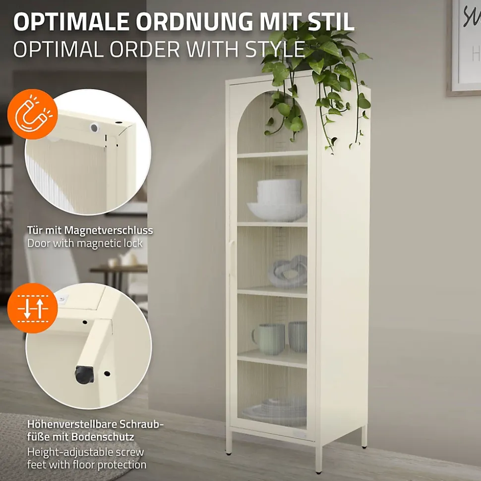 Vitrine étroite ML-Design crème 45x145x35 cm en acier avec porte unique et compartiments réglables