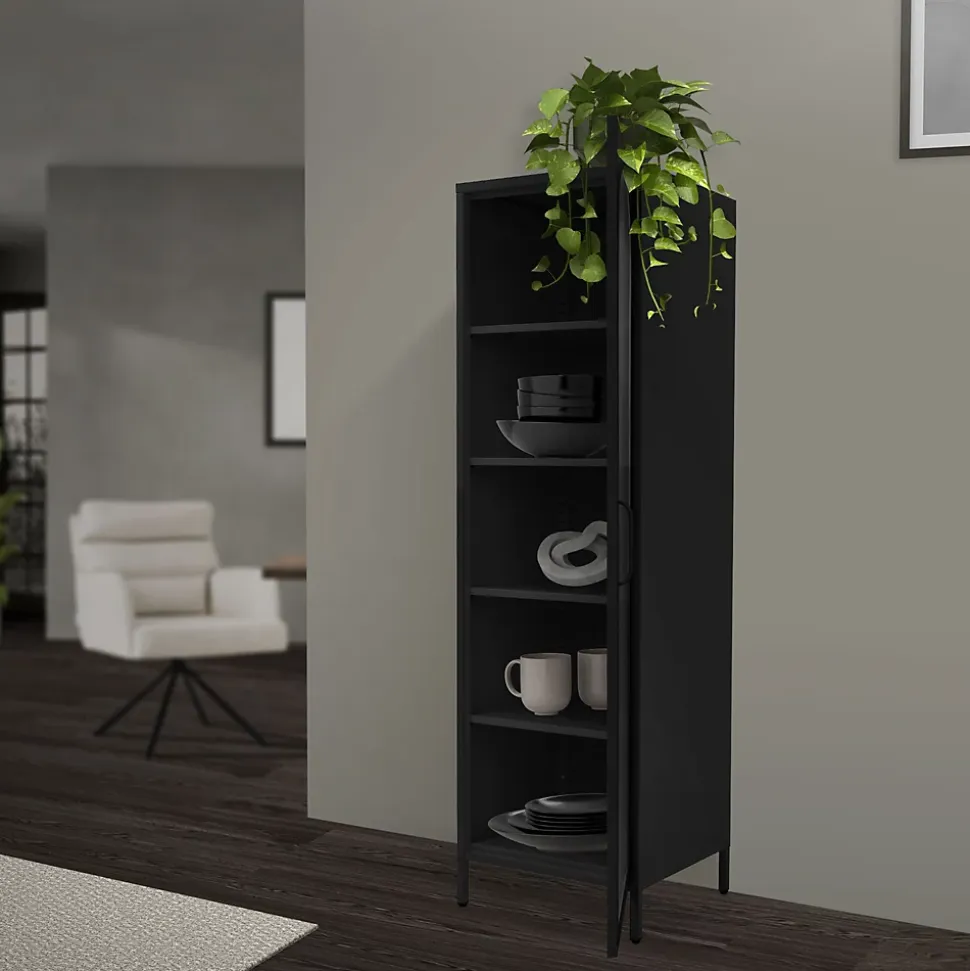 Vitrine étroite ML-Design noire 45x145x35 cm en acier avec porte unique et compartiments réglables
