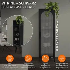 Vitrine étroite ML-Design noire 45x145x35 cm en acier avec porte unique et compartiments réglables