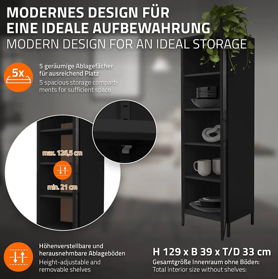 Vitrine étroite ML-Design noire 45x145x35 cm en acier avec porte unique et compartiments réglables