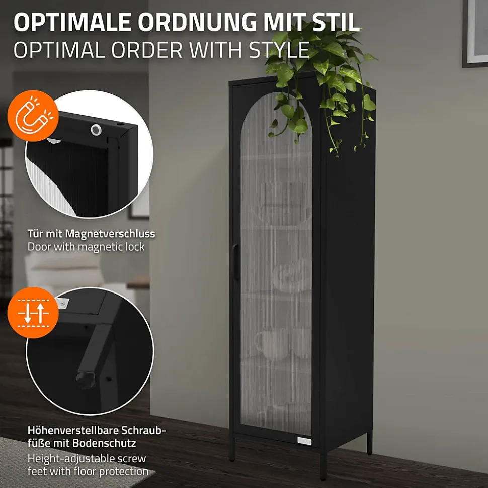 Vitrine étroite ML-Design noire 45x145x35 cm en acier avec porte unique et compartiments réglables