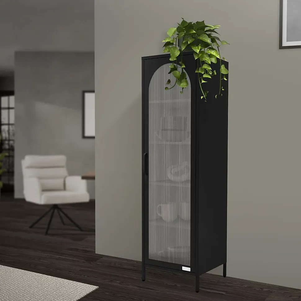 Vitrine étroite ML-Design noire 45x145x35 cm en acier avec porte unique et compartiments réglables