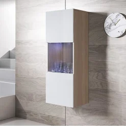 Vitrine Verticale Armoire LED - LUKE V3 - Sonoma et Blanc Finition brillante - 1 porte 3 compartiments