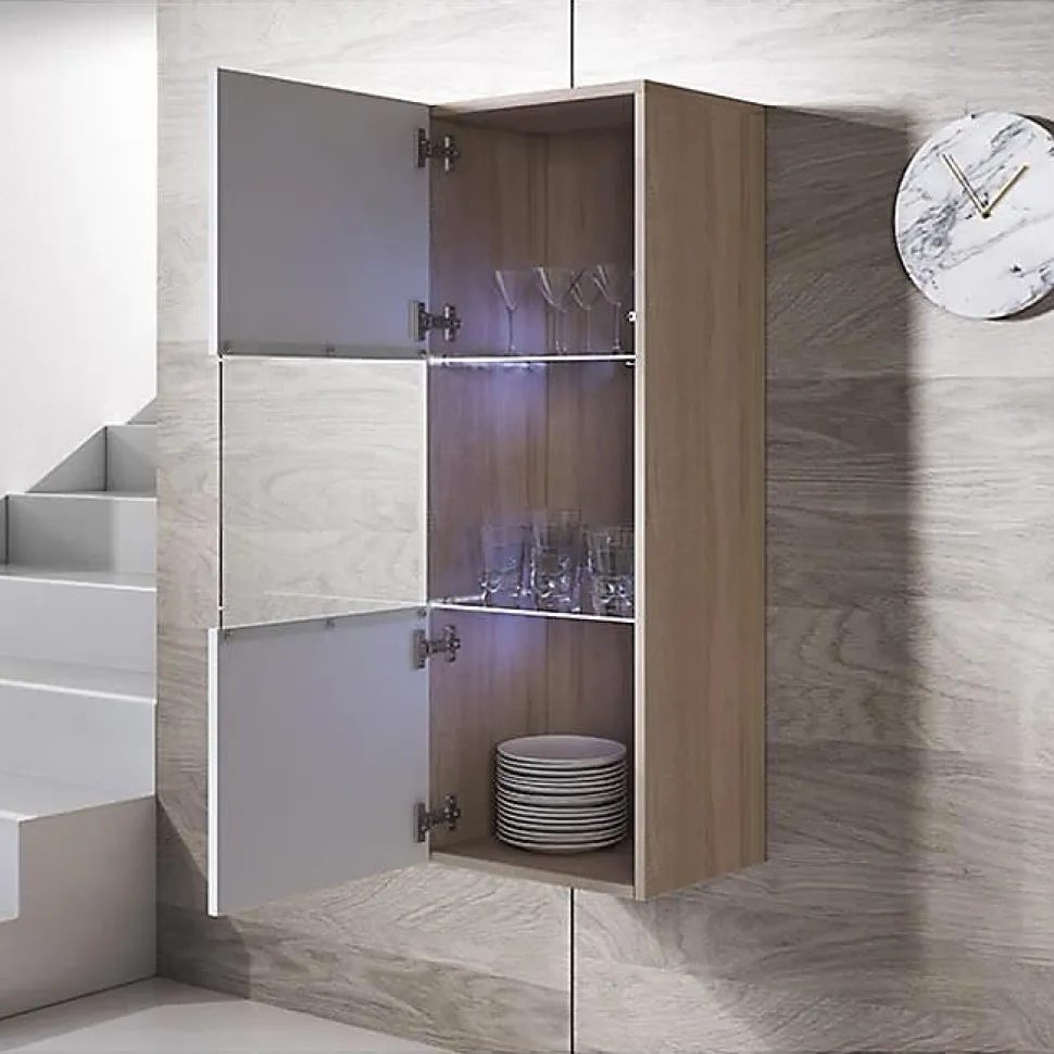Vitrine Verticale Armoire LED - LUKE V3 - Sonoma et Blanc Finition brillante - 1 porte 3 compartiments
