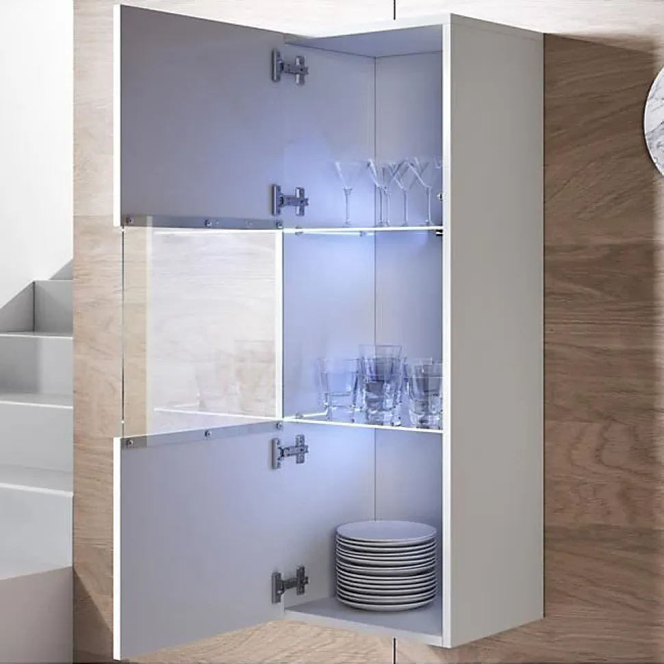 Vitrine verticale contemporaine - Blanc brillant - 1 porte, LED - Bois mélaminé - 40 x 29 x 126 cm