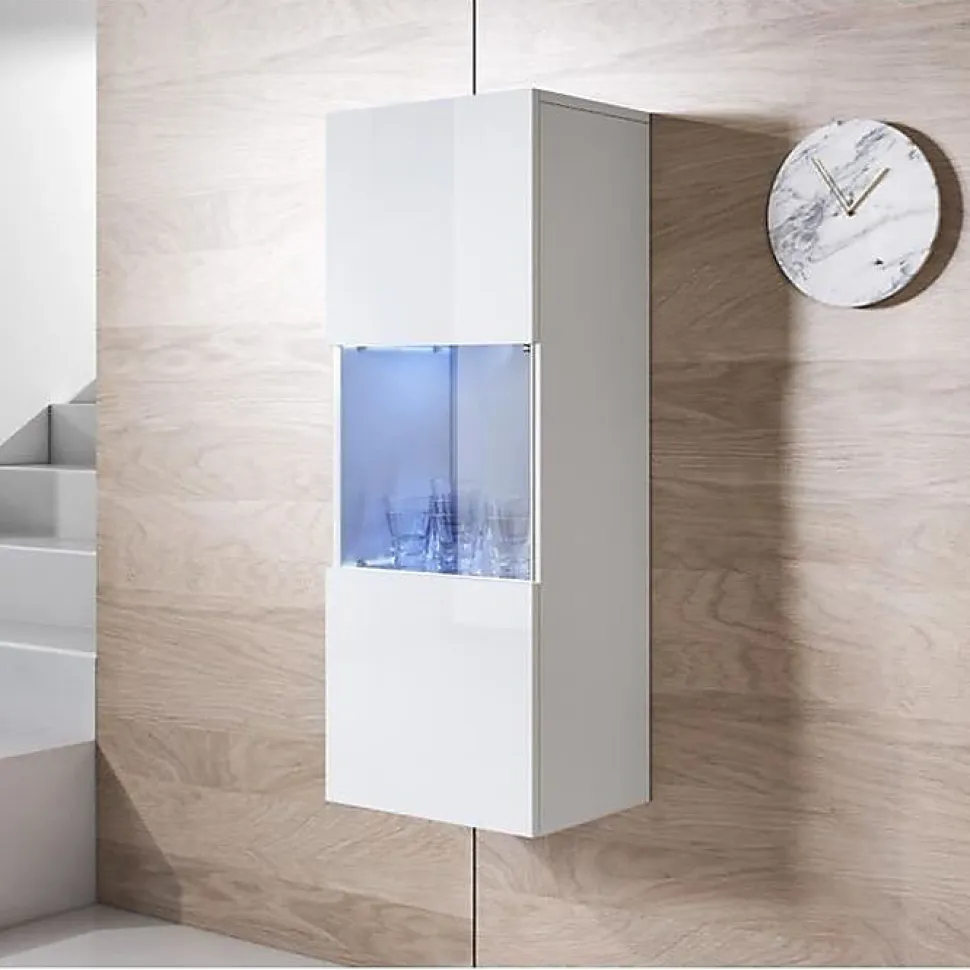 Vitrine verticale contemporaine - Blanc brillant - 1 porte, LED - Bois mélaminé - 40 x 29 x 126 cm