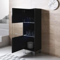 Vitrine verticale contemporaine - Noir mélamine - LED - Pieds alu - 40 x 29 x 126 cm