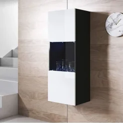 Vitrine verticale contemporaine - Mélamine brillante - Noir et blanc - 1 porte - LED - 40x126x29 cm