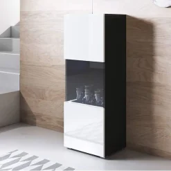 Vitrine verticale design - Noir & blanc brillant - LED - 1 porte 3 compartiments - 40x29x126 cm